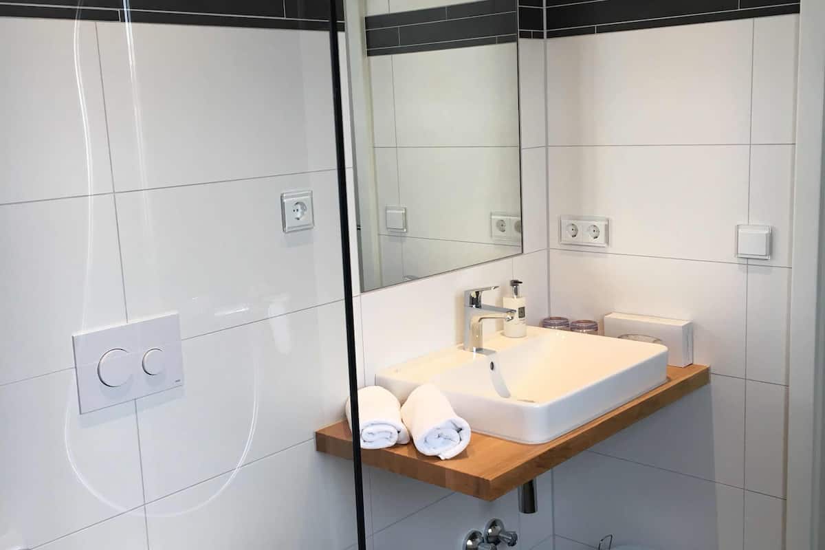 deluxe double room | bathroom | shower, free toiletries, hair dryer, towels