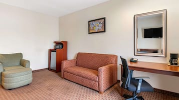 Desk, laptop workspace, blackout curtains, iron/ironing board