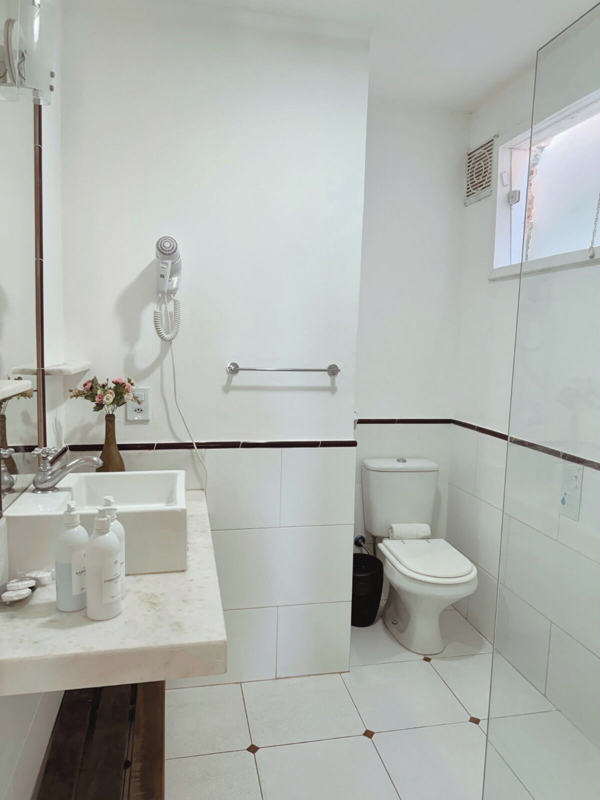 superior double room | bathroom | shower, hair dryer, towels, soap