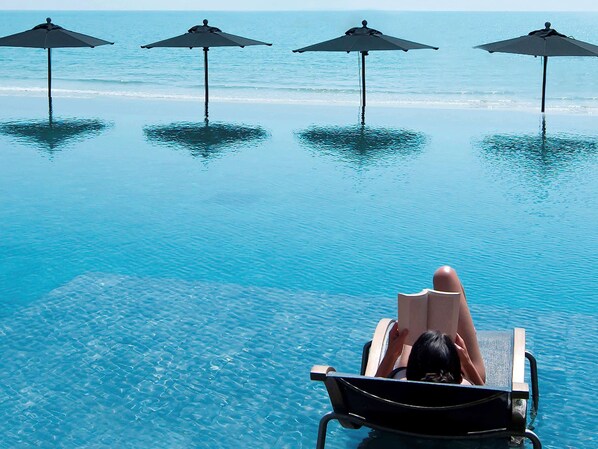Outdoor pool, pool umbrellas, sun loungers