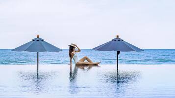 Outdoor pool, pool umbrellas, pool loungers