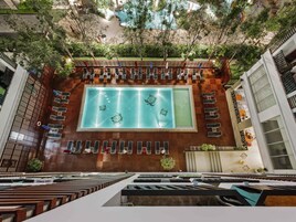 Una piscina en la azotea con varias zonas de estar y vistas de la vegetación circundante.