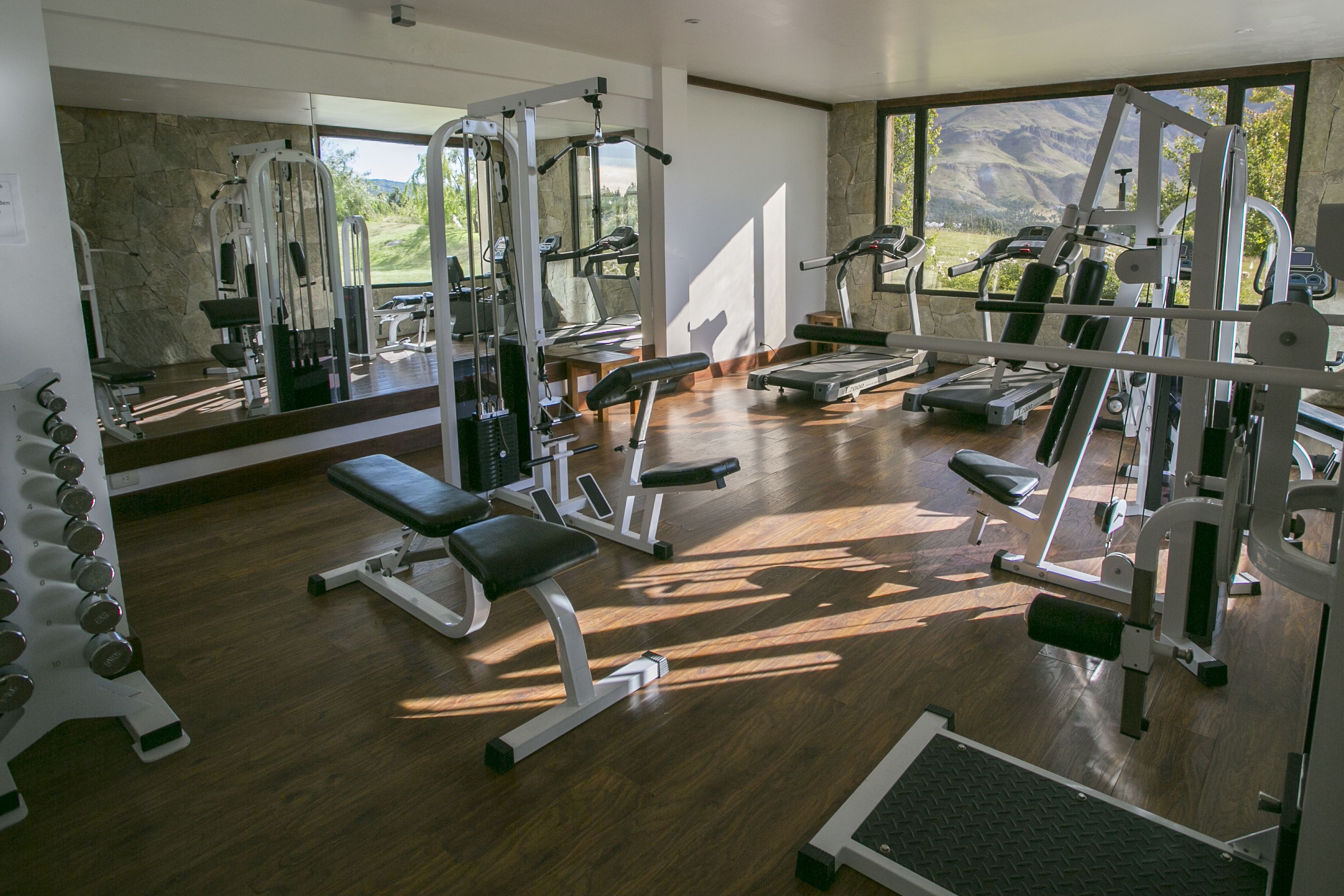 A gym with various exercise equipment, large windows, and a stone wall.