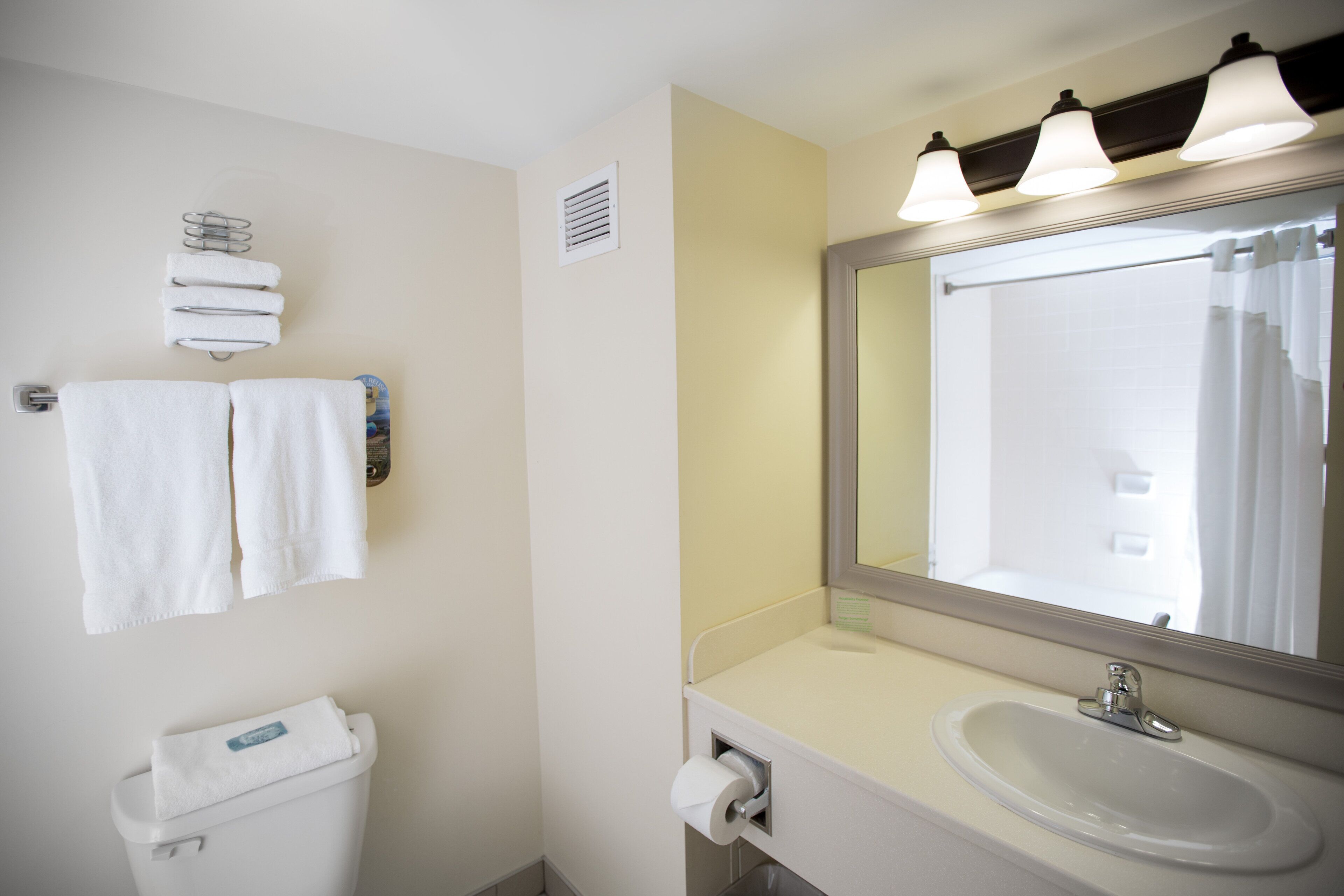A bathroom with a toilet, sink, and mirror.