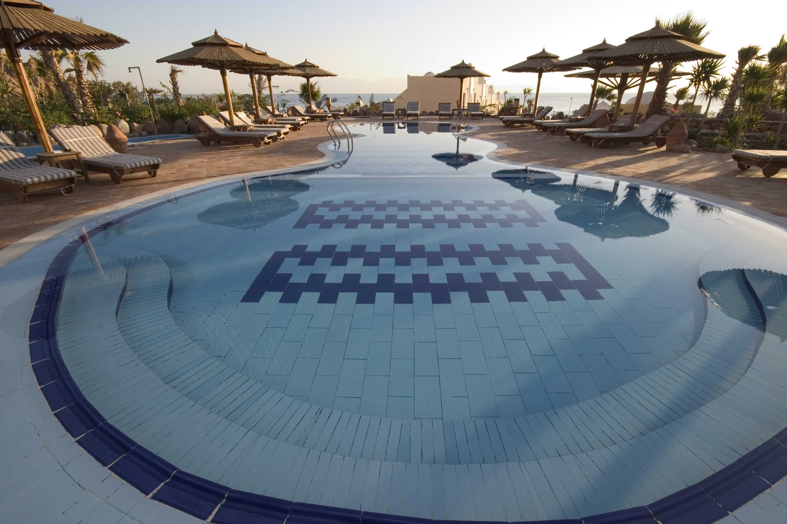 Piscina com espreguiçadeiras e guarda-sóis, cercada por palmeiras e vista para o mar.