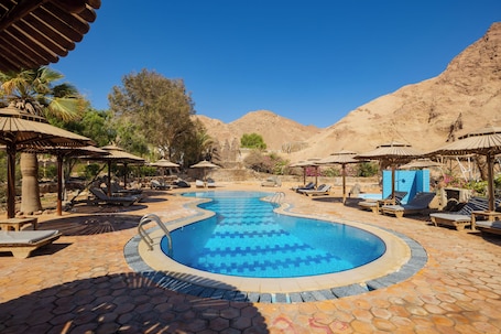 Outdoor pool, pool umbrellas, sun loungers