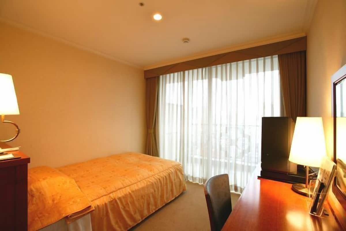 Habitación de hotel con una cama individual, un escritorio con lámpara, una silla y una televisión.