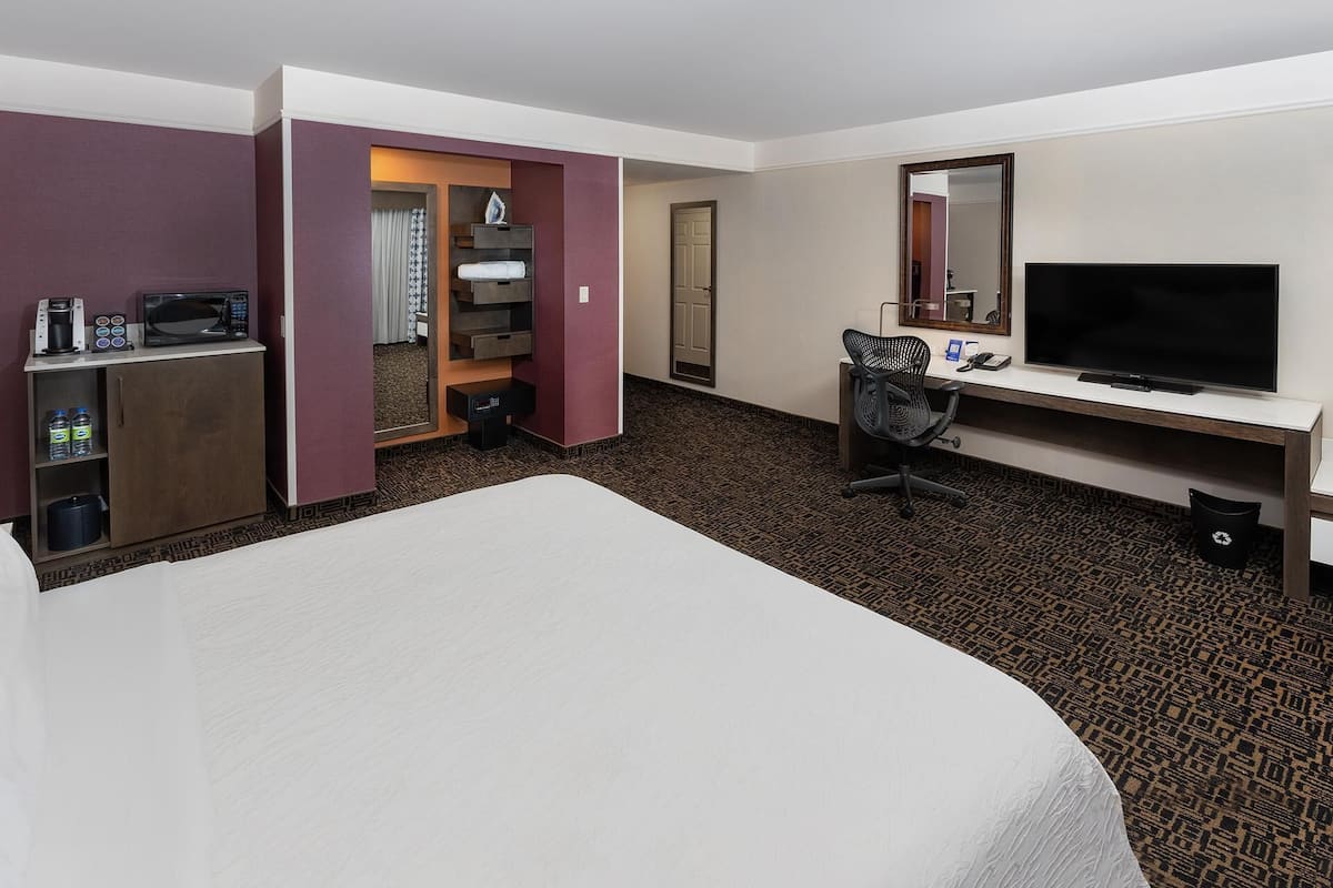 Une chambre d’hôtel comprenant un lit, un bureau avec une télévision, une chaise, un minibar et une salle de bain avec un rideau de douche.