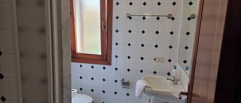 A bathroom with a toilet, sink, and window.