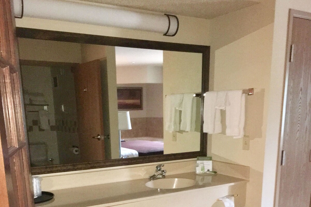 A bathroom with a sink, mirror, and a trash bin.