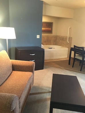 Un salon comprenant un canapé, une petite table, un meuble de couleur sombre, une baignoire et une chaise.
