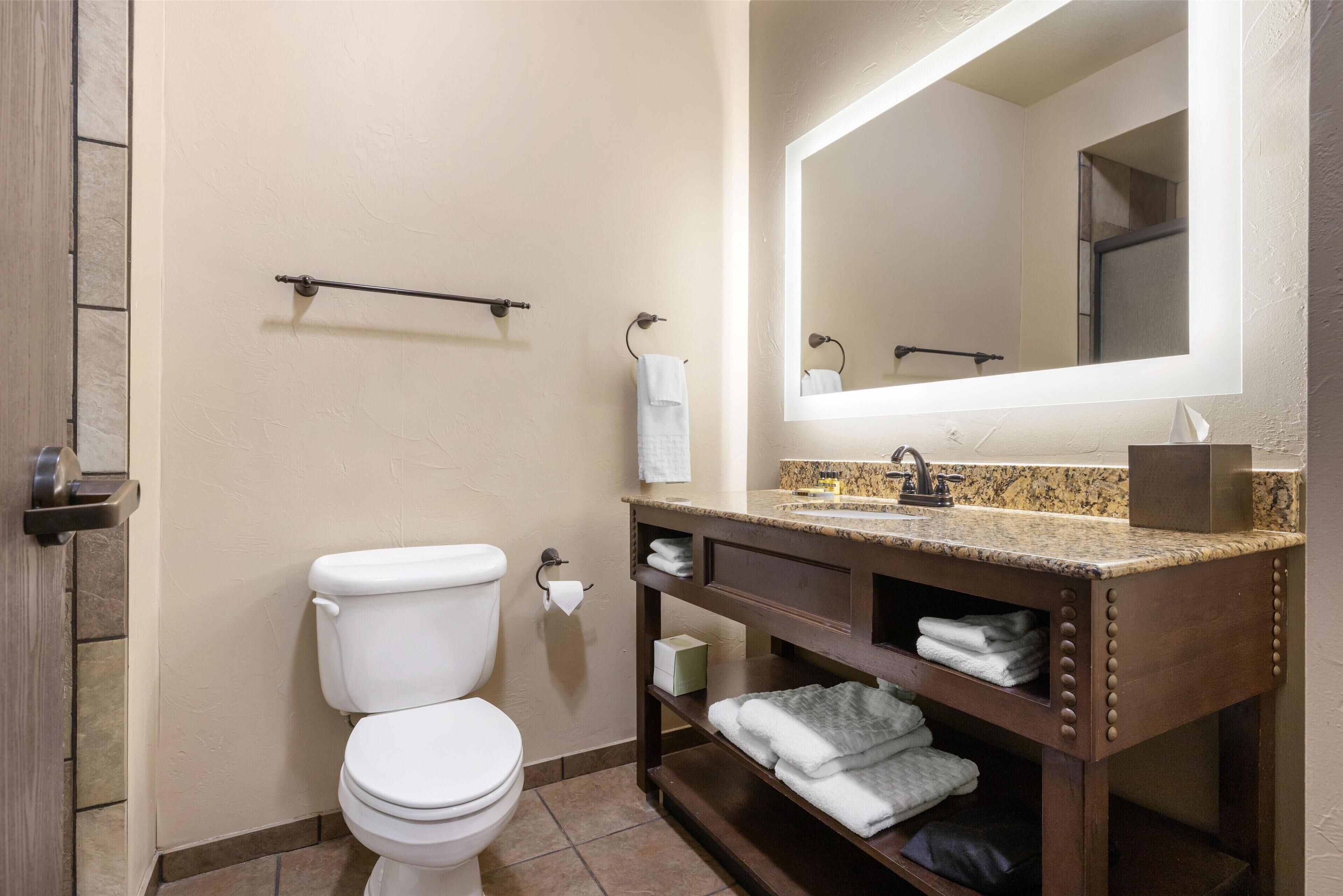 A bathroom with a toilet, a sink with a mirror, and a towel rack.