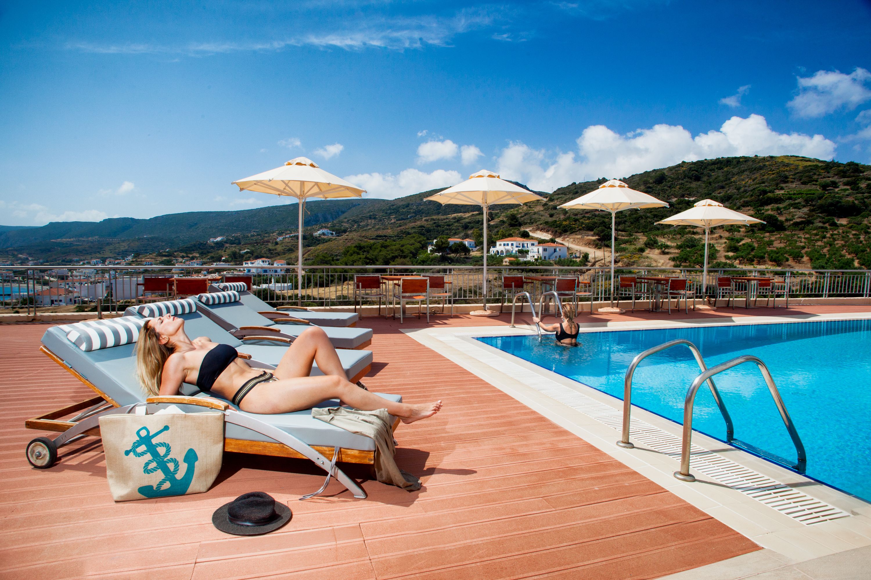 outdoor pool, pool loungers