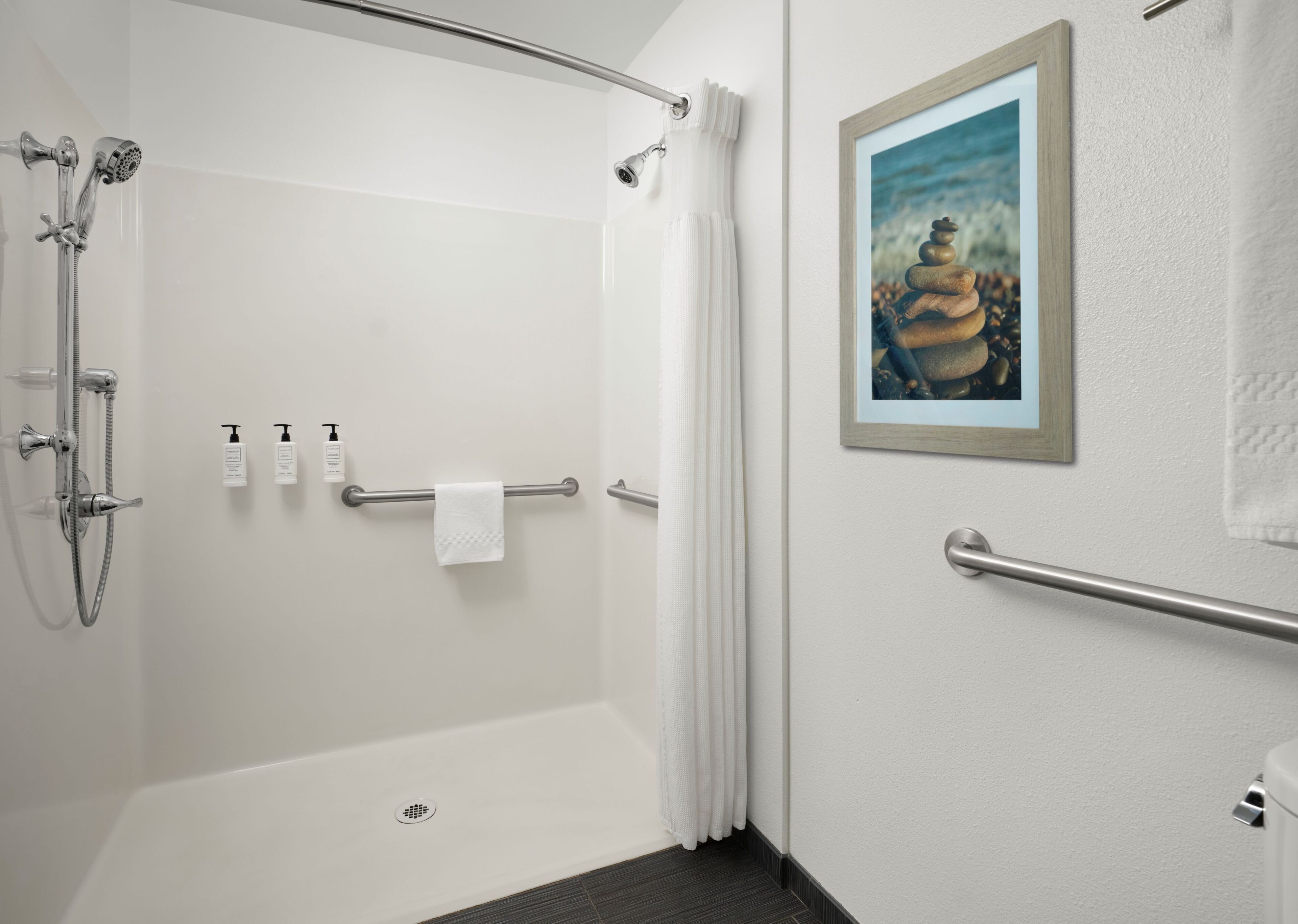 A modern bathroom with a walk-in shower, grab bars, a towel rack, and a framed picture on the wall.