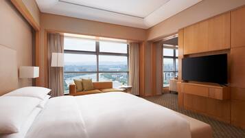Habitación de hotel con una cama grande, un sofá, un televisor y vistas a la ciudad.