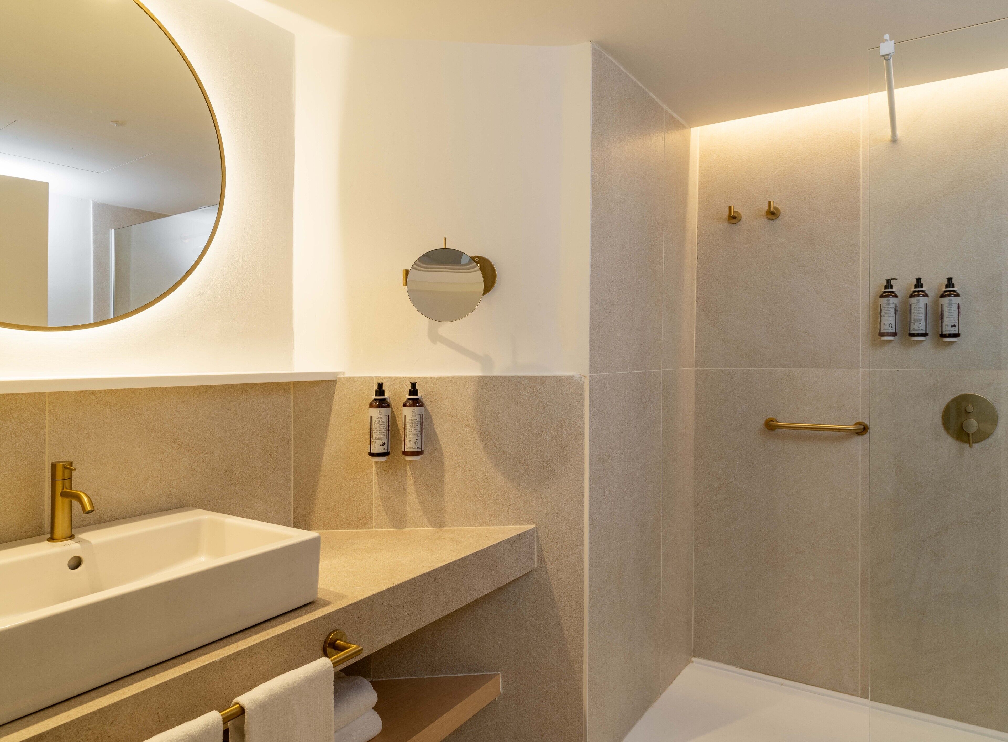 shower, eco-friendly toiletries, towels