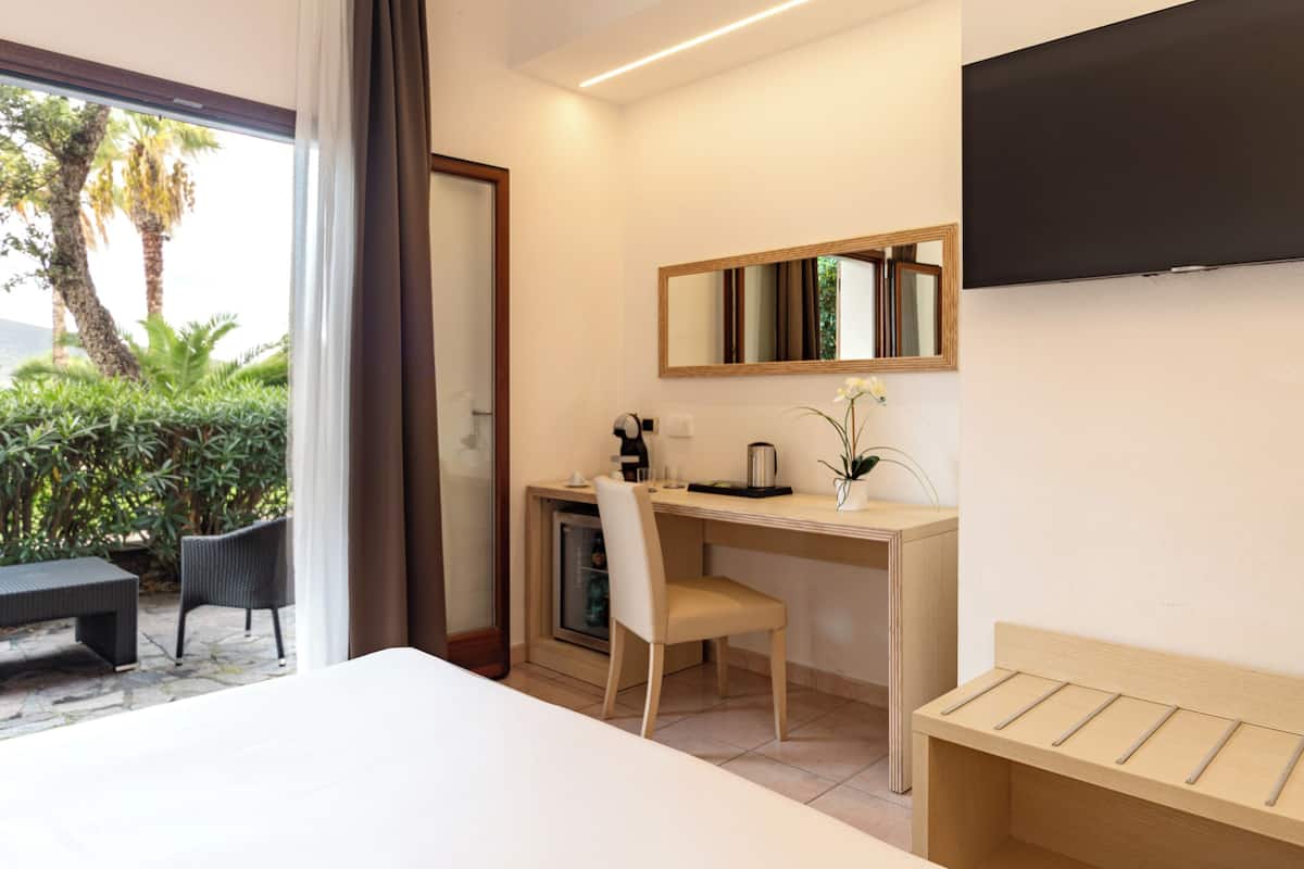 A hotel room with a bed, a desk, a chair, a TV, and a view of the outdoors.