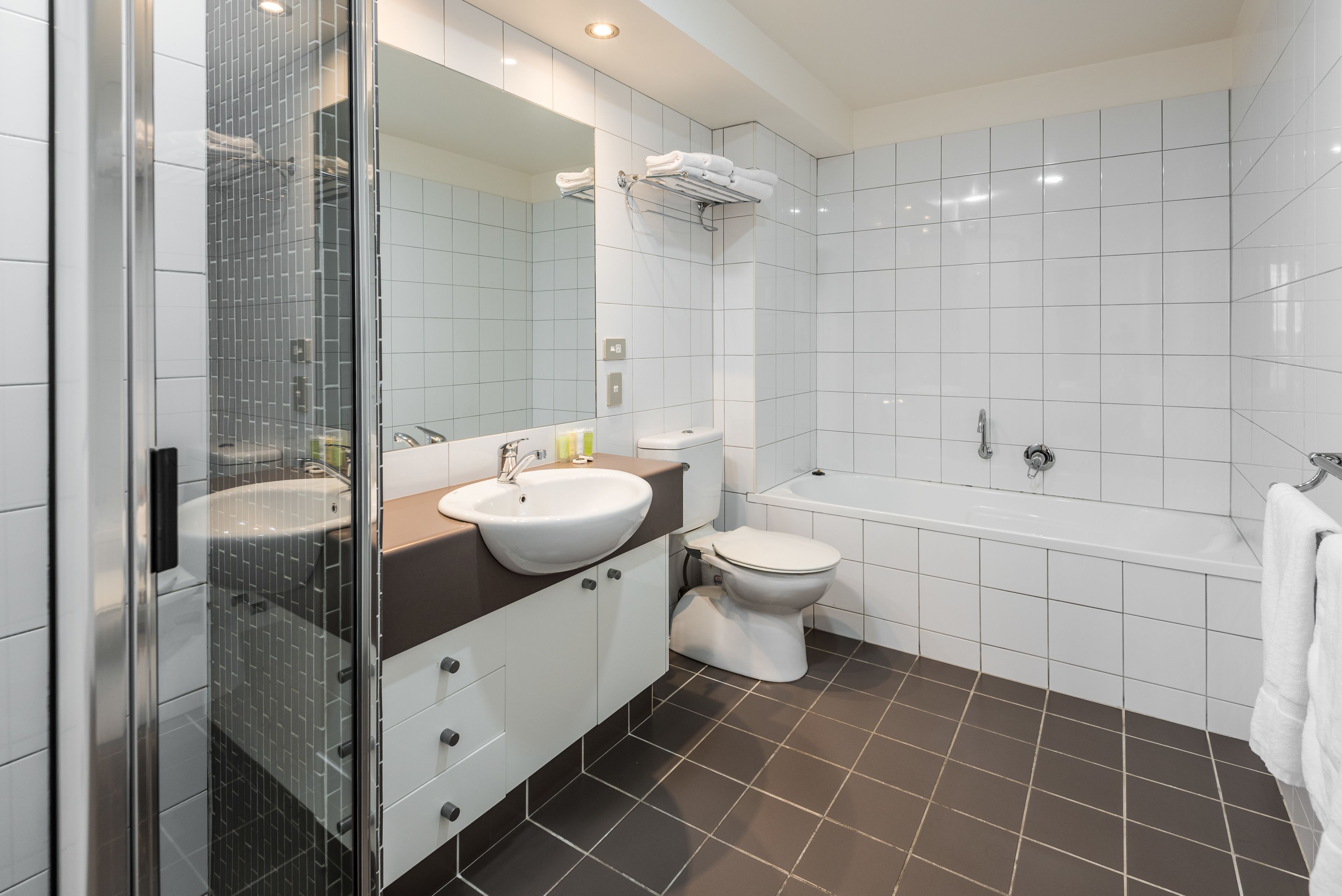 separate bathtub and shower, free toiletries, hair dryer, towels