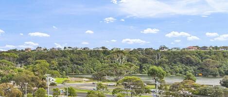 A coastal landscape with a road, greenery, and buildings on a hill.