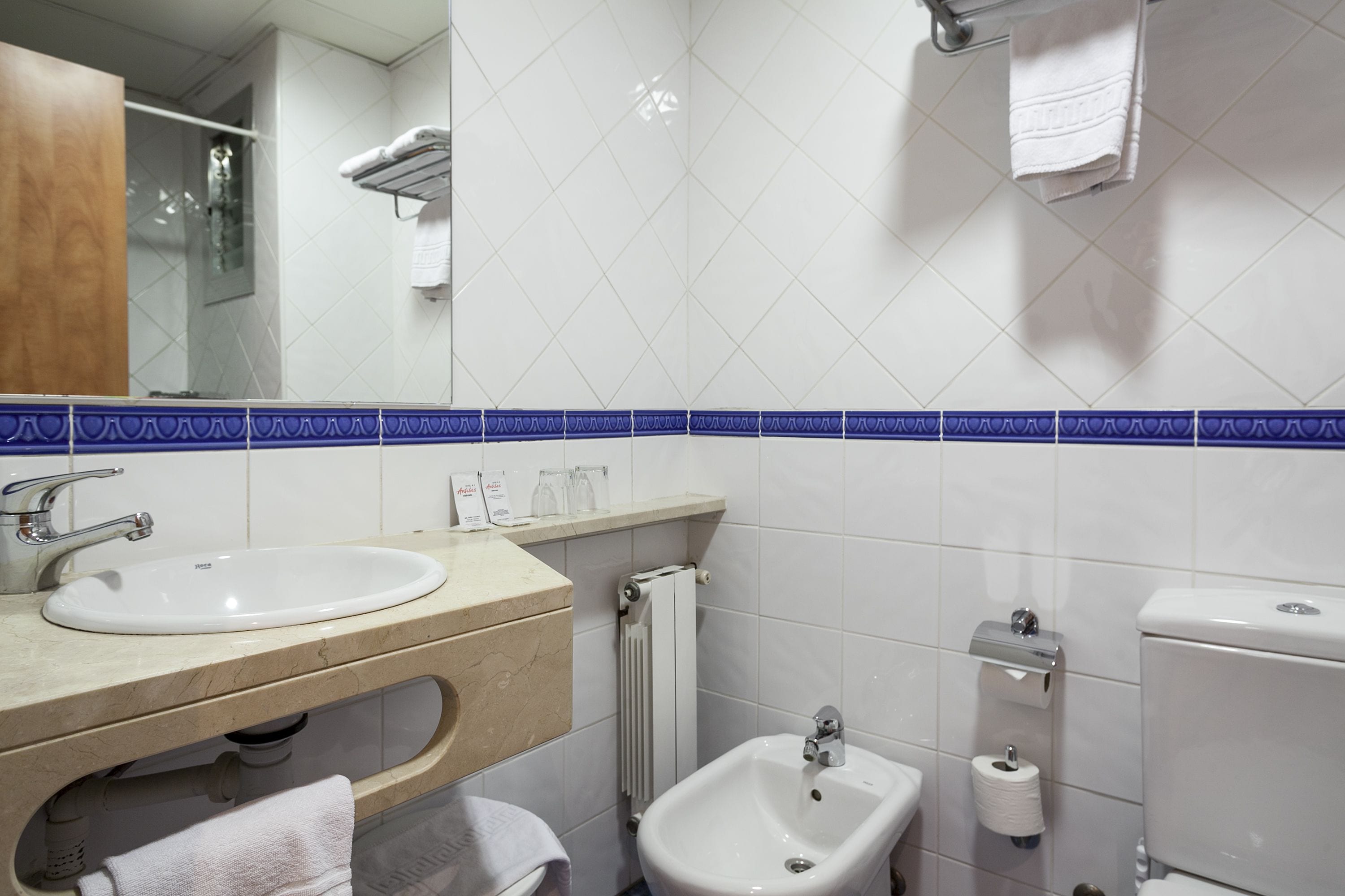 free toiletries, hair dryer, bidet, towels