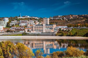 Vista fluvial de una ciudad con edificios modernos, un puente y una colina con zonas residenciales.