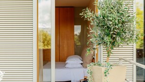 A bedroom with a bed, a wooden wardrobe, and a potted plant with green leaves. - Axis Ponte de Lima Golf Resort Hotel (Ponte de Lima)