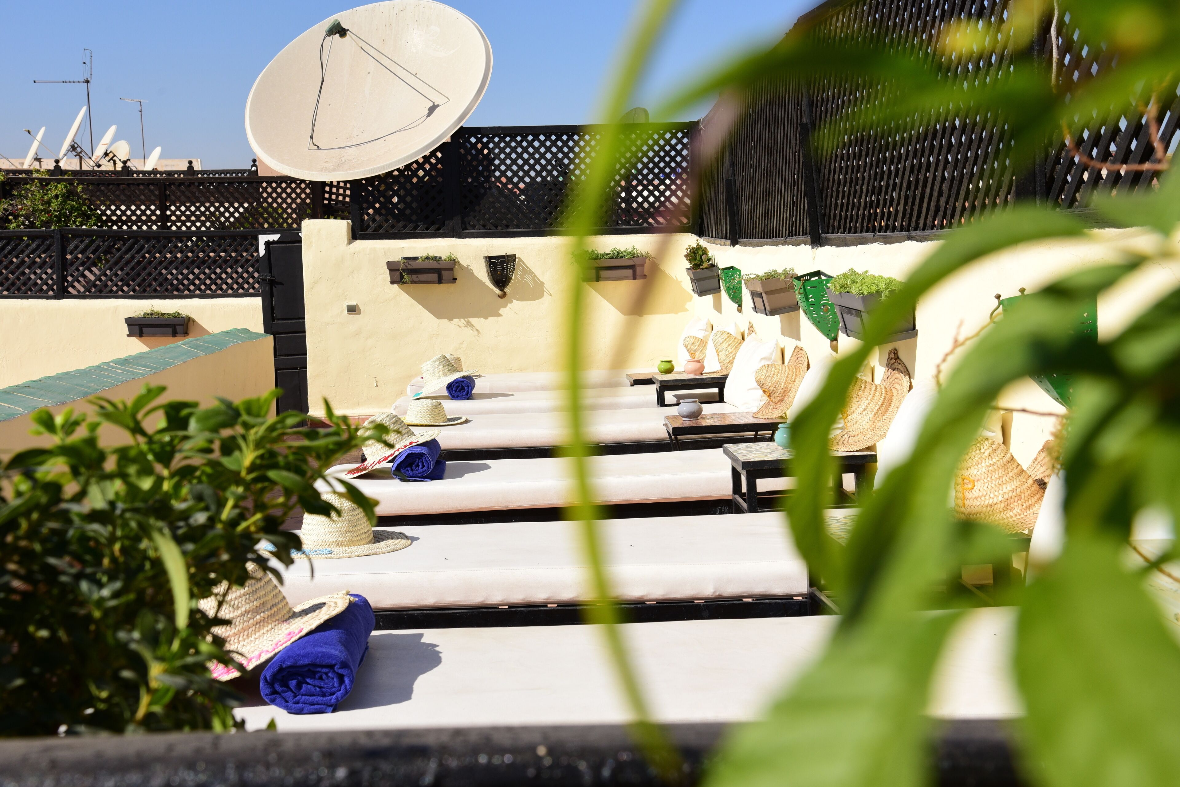 A rooftop terrace with lounge chairs, a satellite dish, and planters.