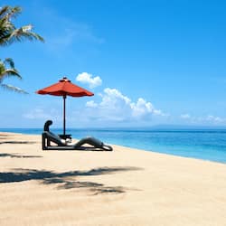 Private beach, white sand, free beach cabanas, sun-loungers