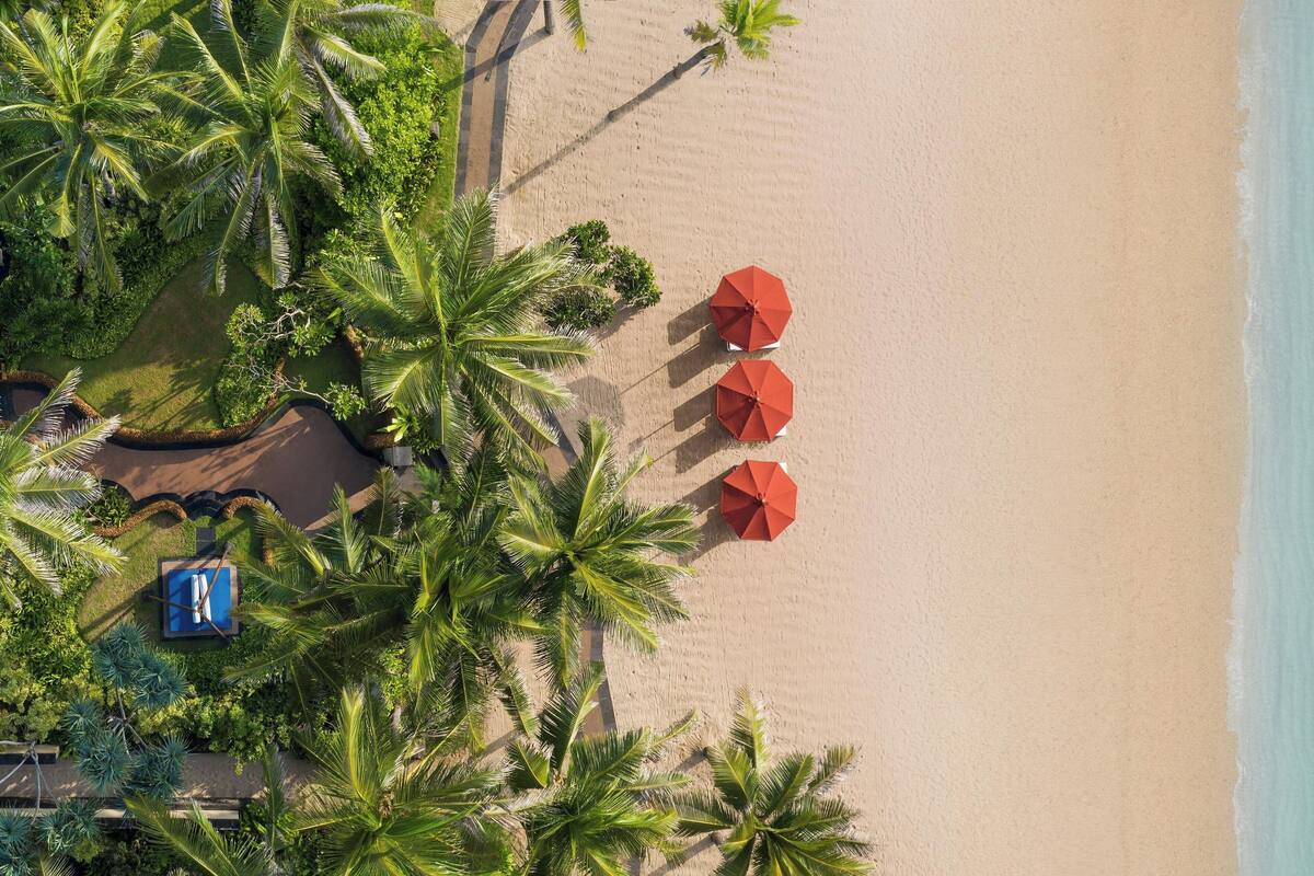 Vue aérienne d’une plage avec des palmiers, une piscine et trois parasols rouges.
