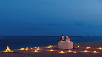 Private beach, white sand, free beach cabanas, sun-loungers