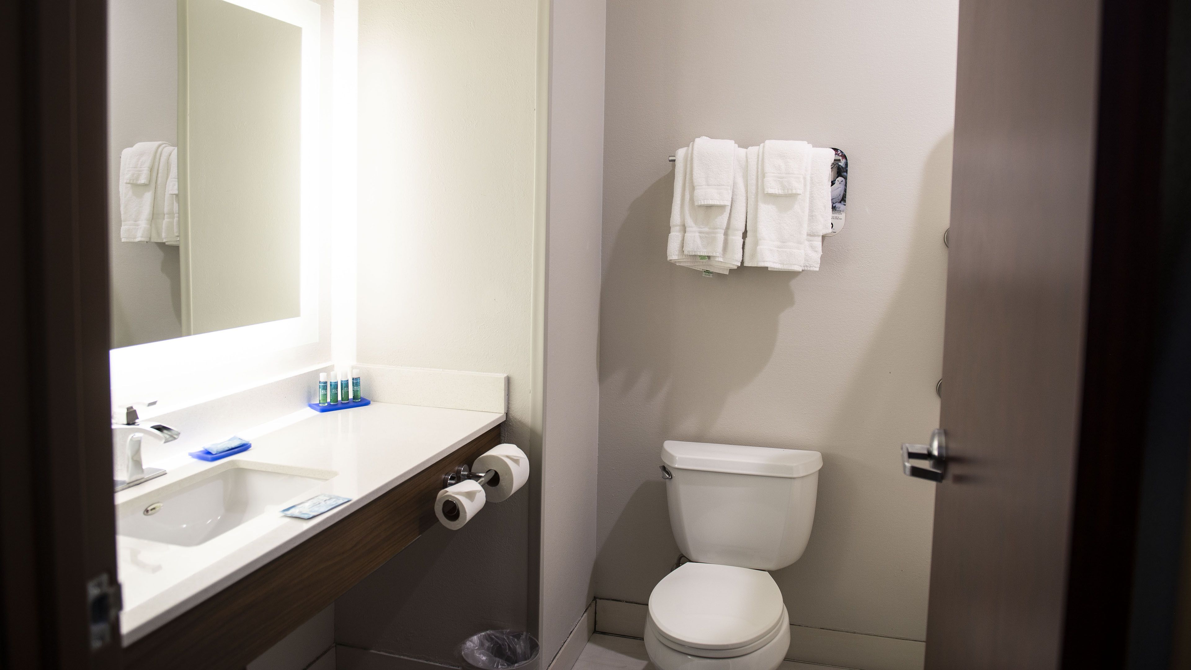 Une salle de bain avec un lavabo, un miroir et des toilettes blancs. Des serviettes sont accrochées au mur et une poubelle se trouve à côté des toilettes.