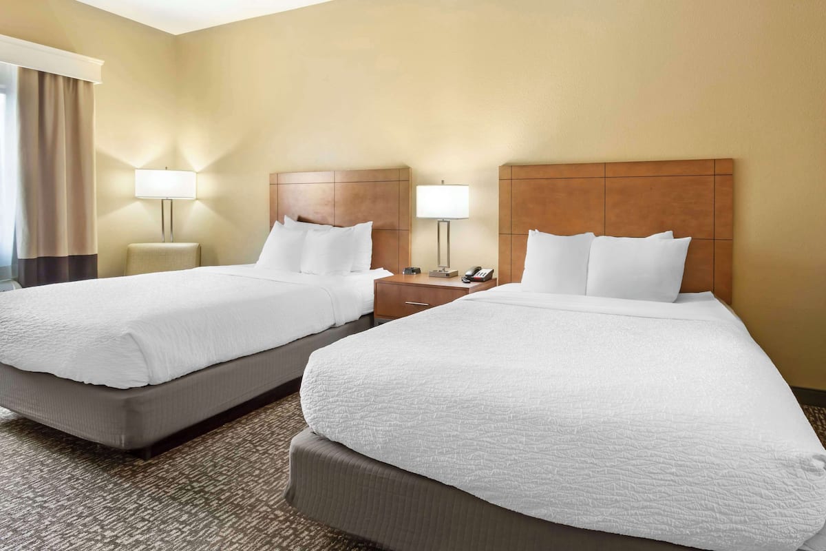 A hotel room with two beds, each with white bedding and headboards, a nightstand with a lamp, and a carpeted floor.