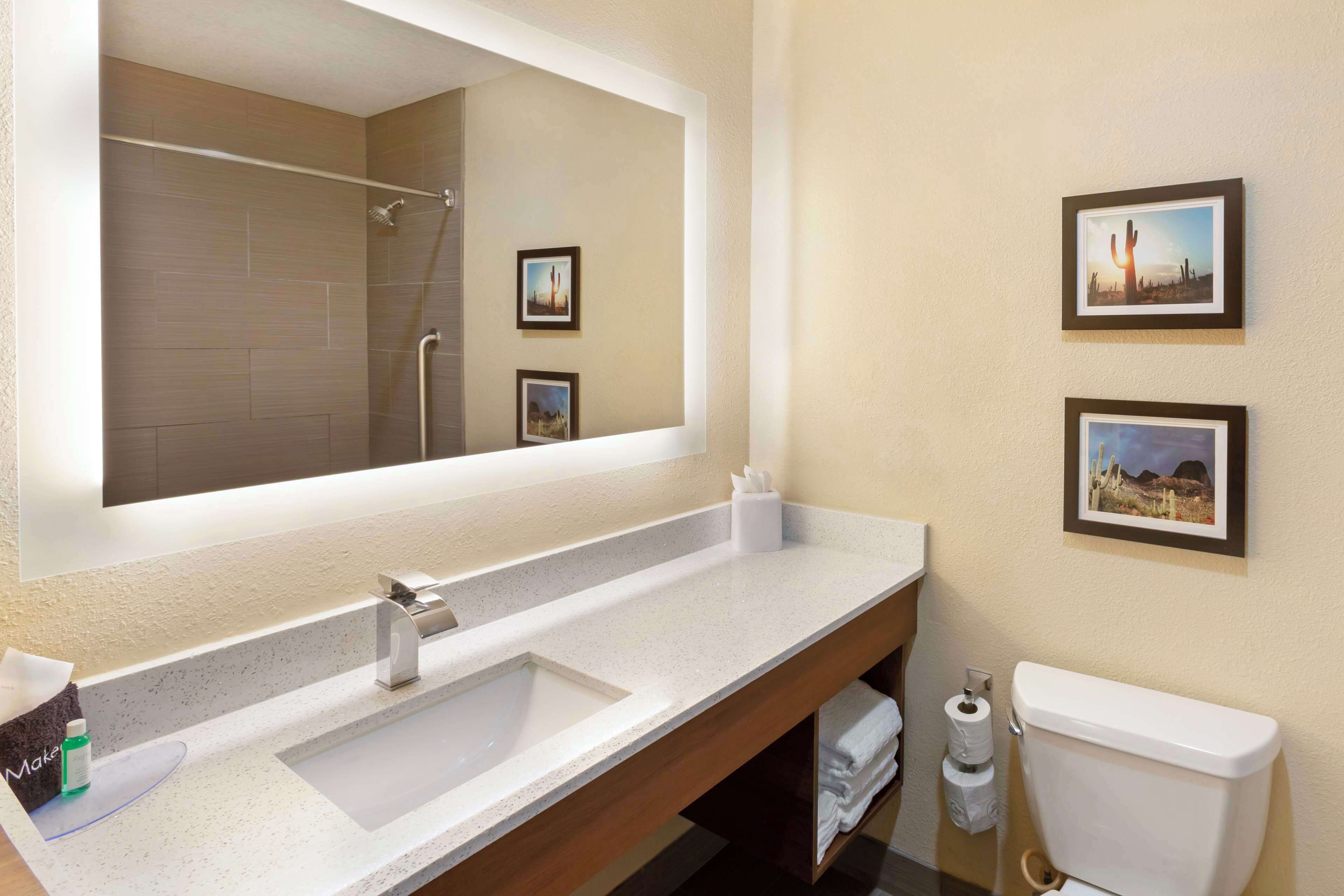 suite, 1 king bed, non smoking, refrigerator & microwave (larger room) | bathroom | shower, hair dryer, towels