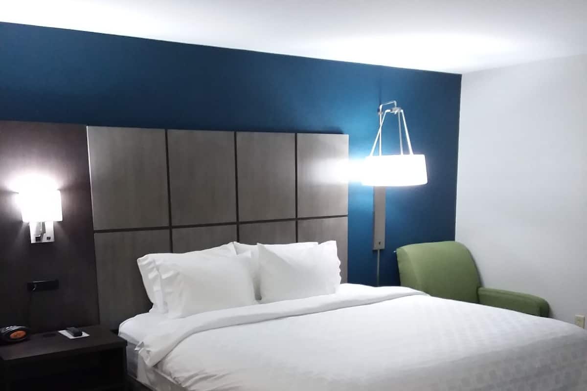Une chambre d’hôtel avec un lit, une table de chevet, un fauteuil vert et une lampe fixée au mur.