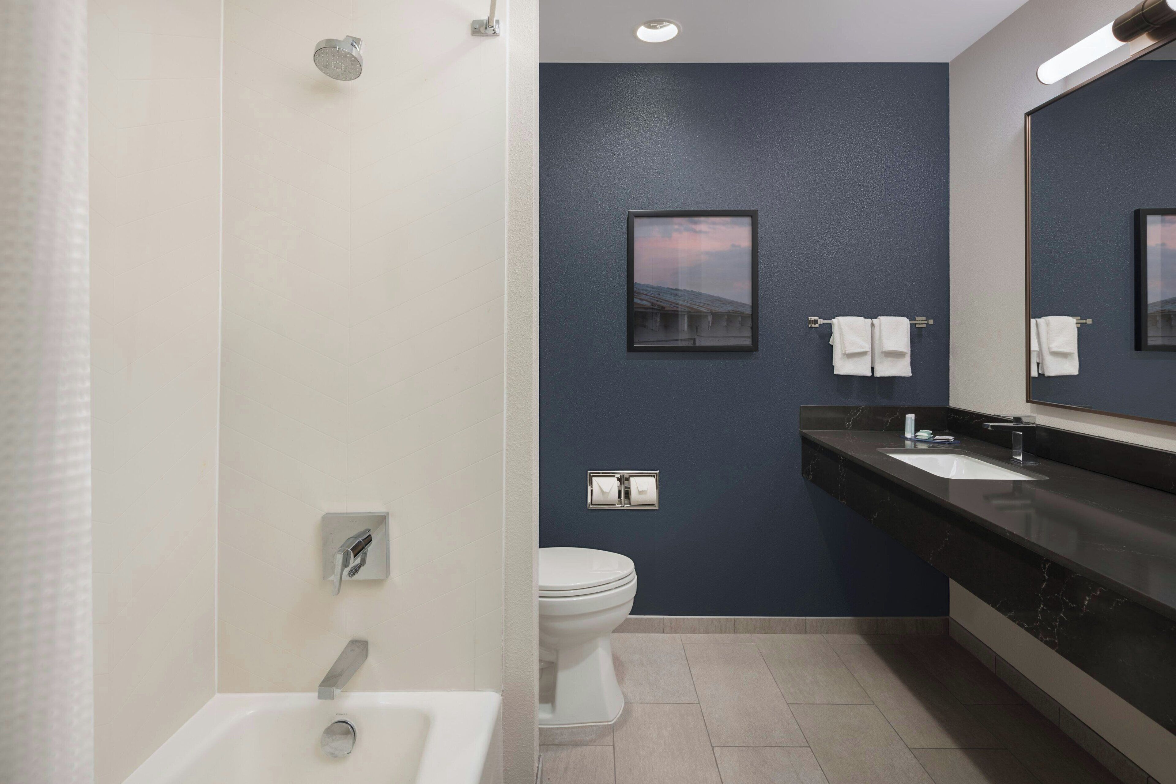 combined shower/bathtub, free toiletries, hair dryer, towels