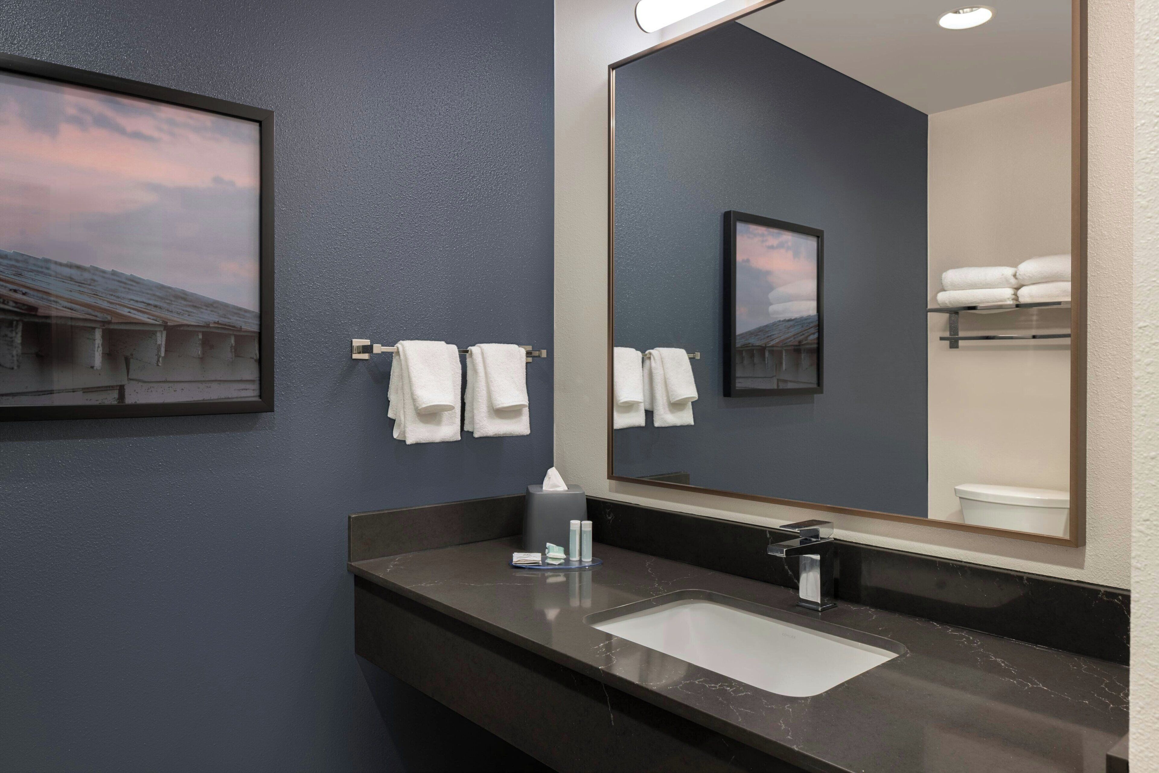 combined shower/bathtub, free toiletries, hair dryer, towels