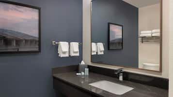 Combined shower/bathtub, free toiletries, hair dryer, towels