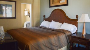 A hotel room with a large bed, a bedside table with a lamp, and a framed picture on the wall. - San Marina Motel (Daytona Beach)
