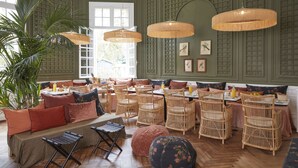Un comedor con mobiliario de mimbre, una planta grande en maceta y vistas al exterior.
