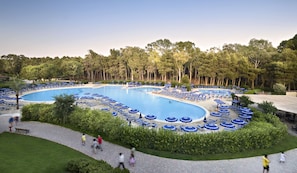 A large outdoor swimming pool surrounded by blue lounge chairs and umbrellas, with a forested area in the background.