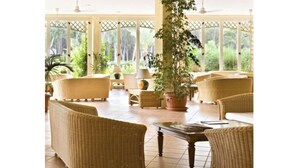 A spacious indoor area with wicker furniture, potted plants, and large windows offering a view of greenery outside.