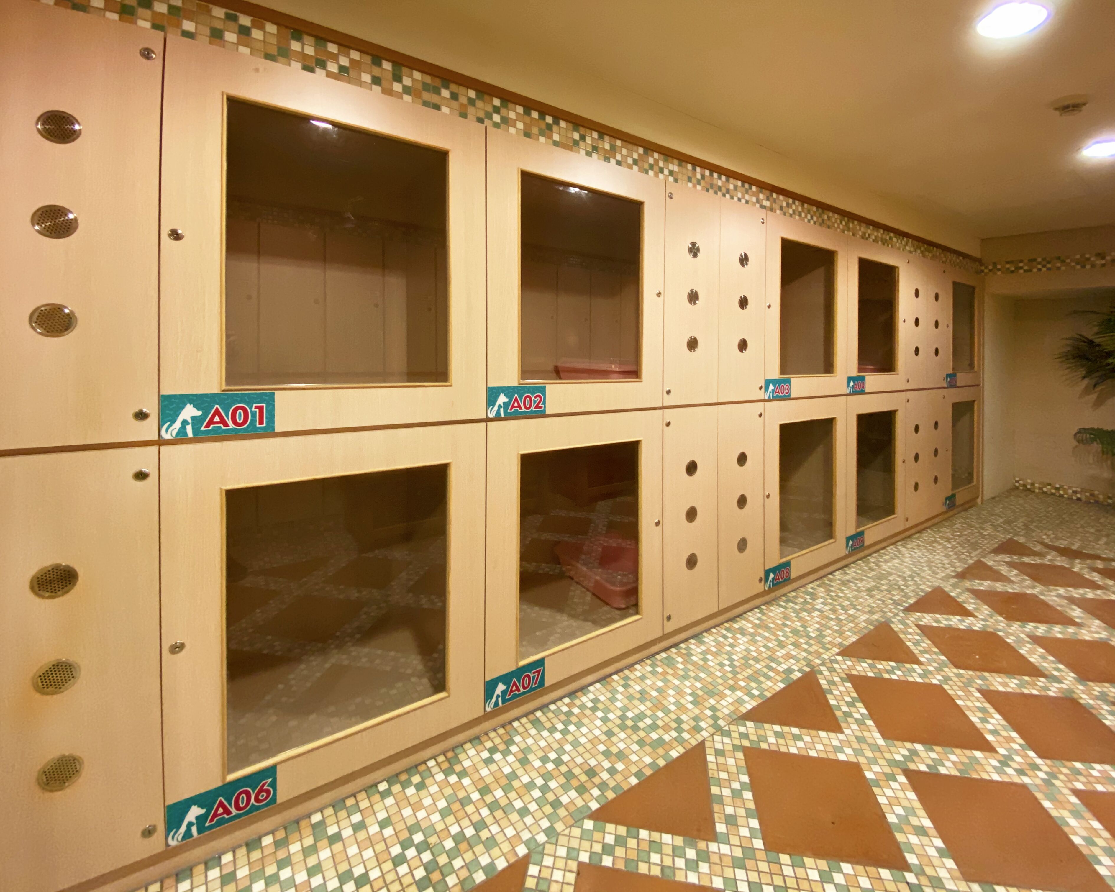 A row of locker rooms with numbered lockers and a tiled floor.