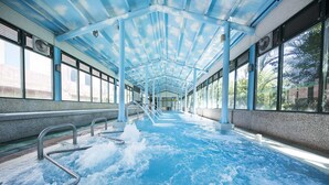 Une piscine intérieure dotée d’un toit couvert, de grandes baies vitrées et d’un élément décoratif central avec de l’eau.
