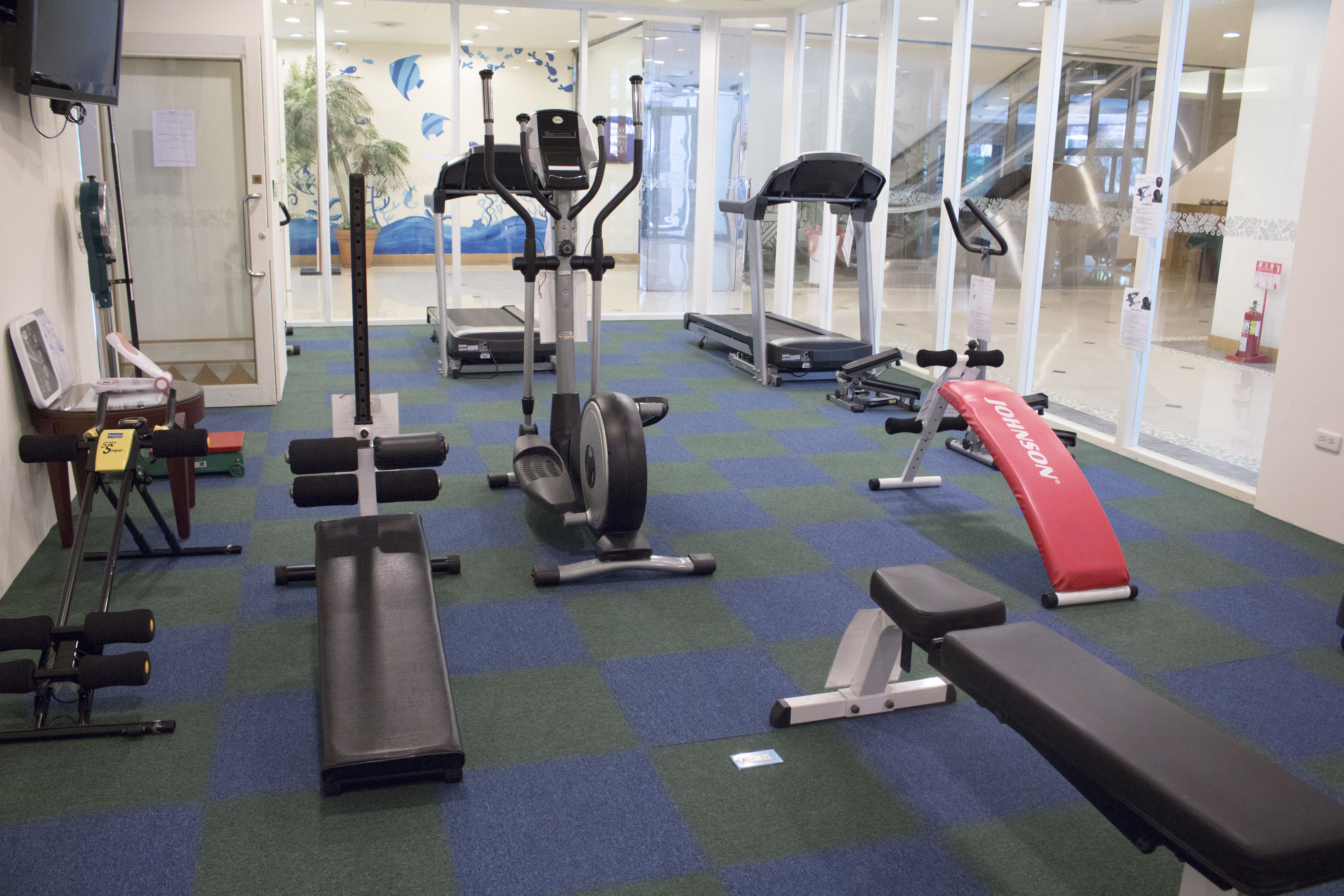 A gym with various exercise equipment, including treadmills, elliptical machines, and free weights.