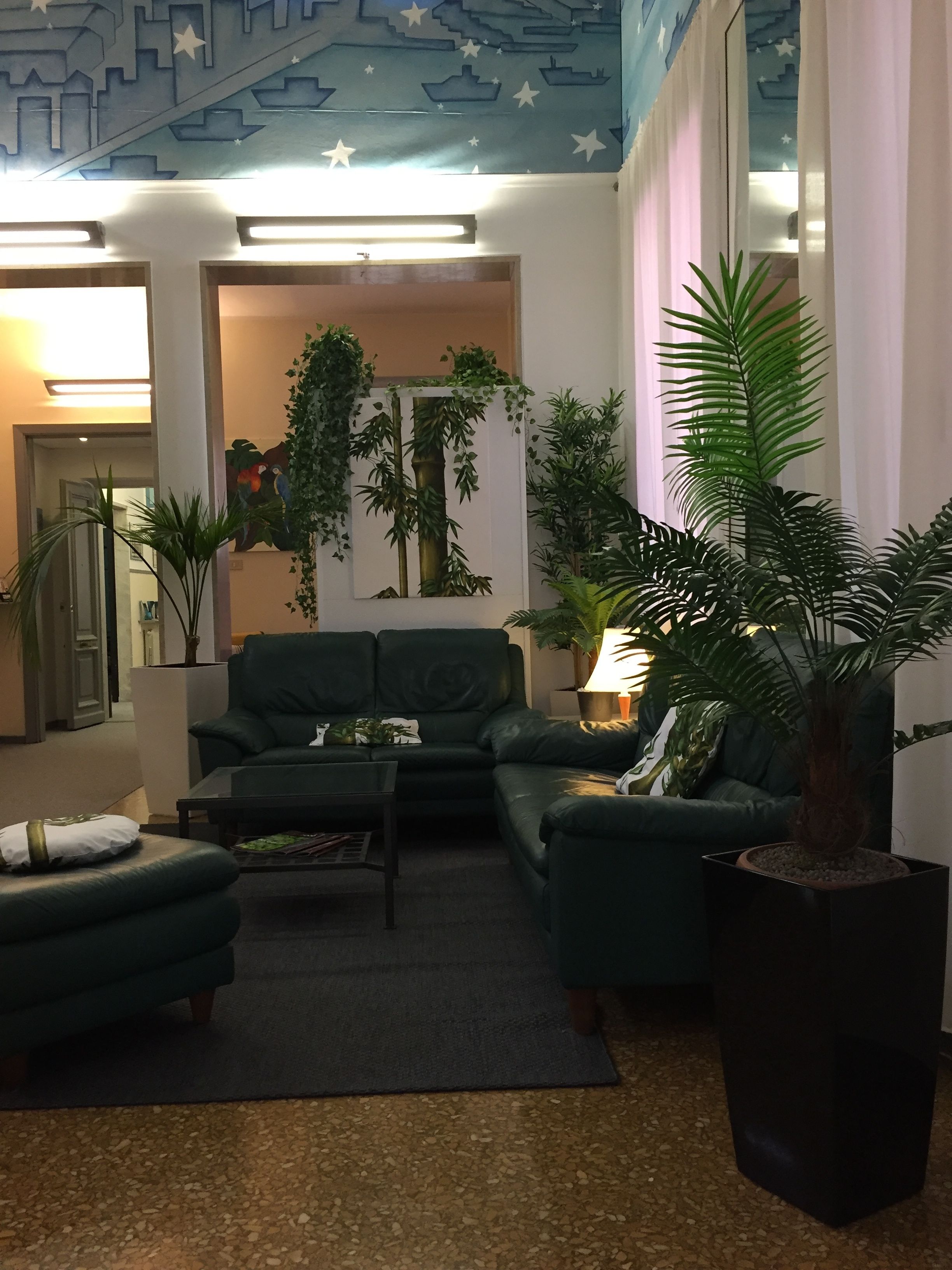 Un soggiorno moderno con un divano verde, un tavolino da caffè e diverse piante in vaso.