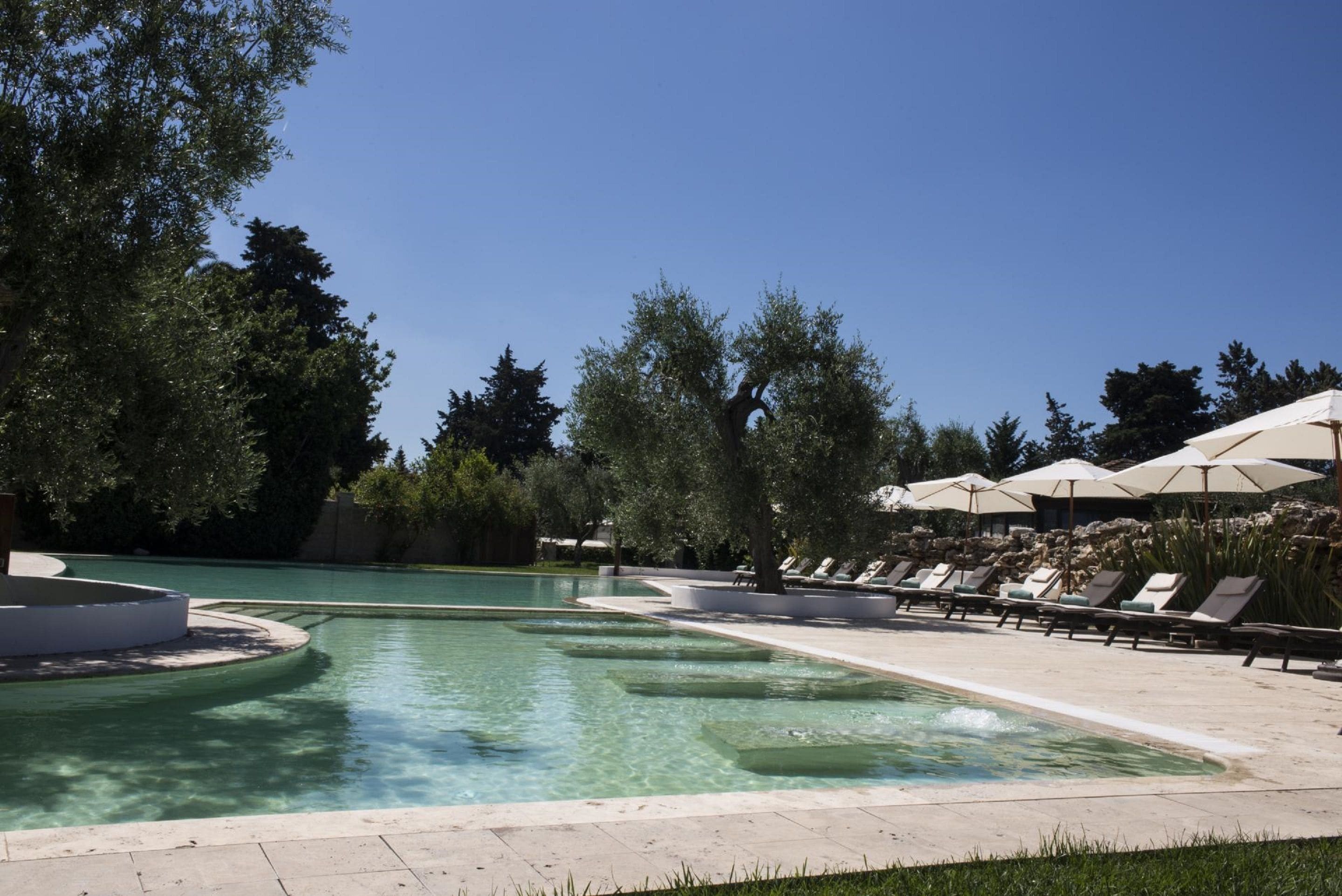 seasonal outdoor pool, pool umbrellas