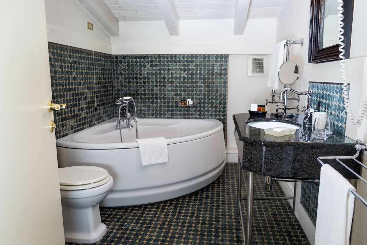 combined shower/bathtub, designer toiletries, hair dryer, bidet
