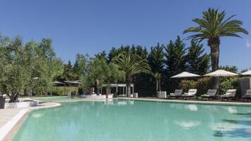 Seasonal outdoor pool, pool umbrellas