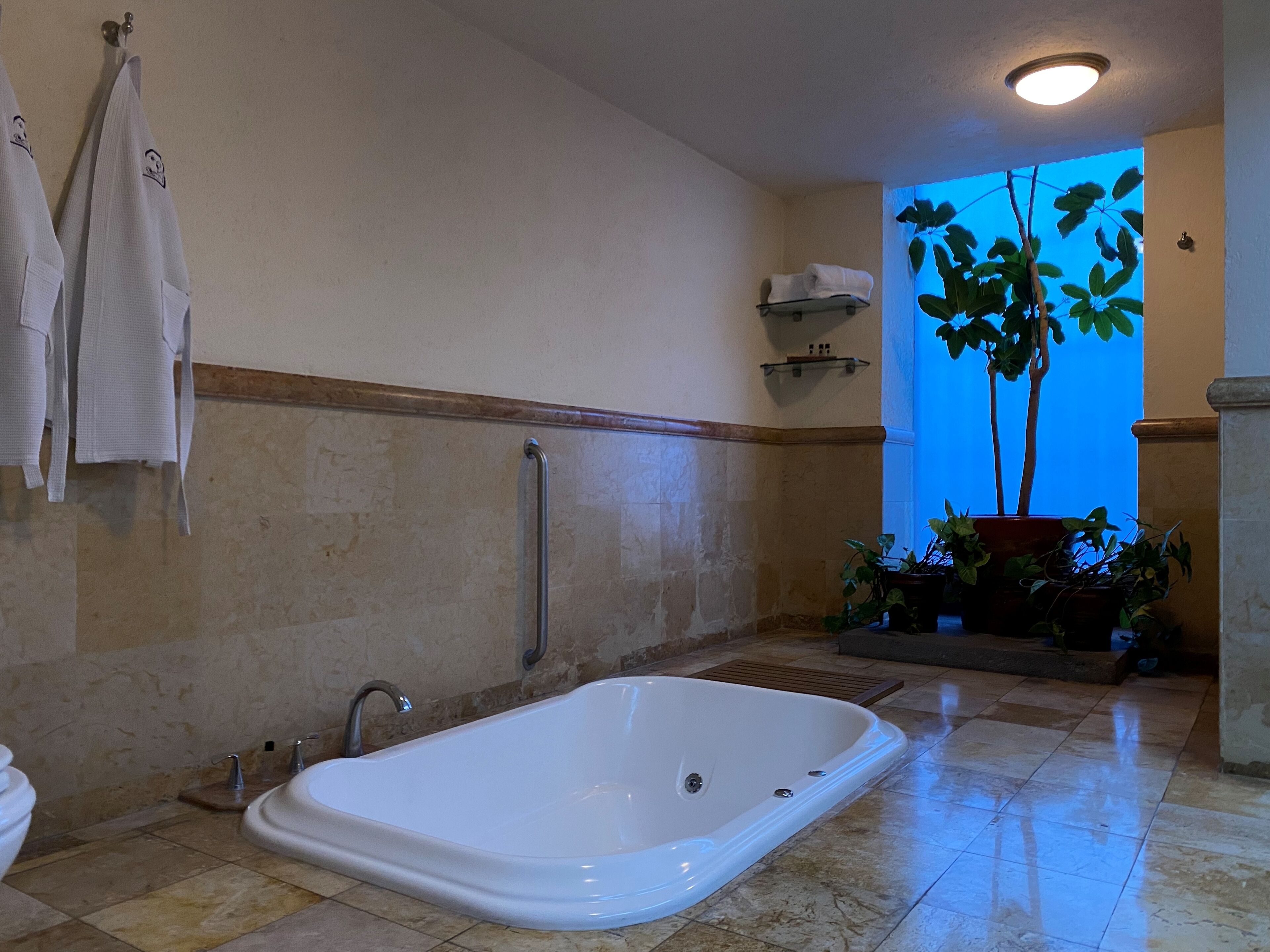 A bathroom with a white bathtub, a towel rack, a handrail, a sink, and a potted plant.