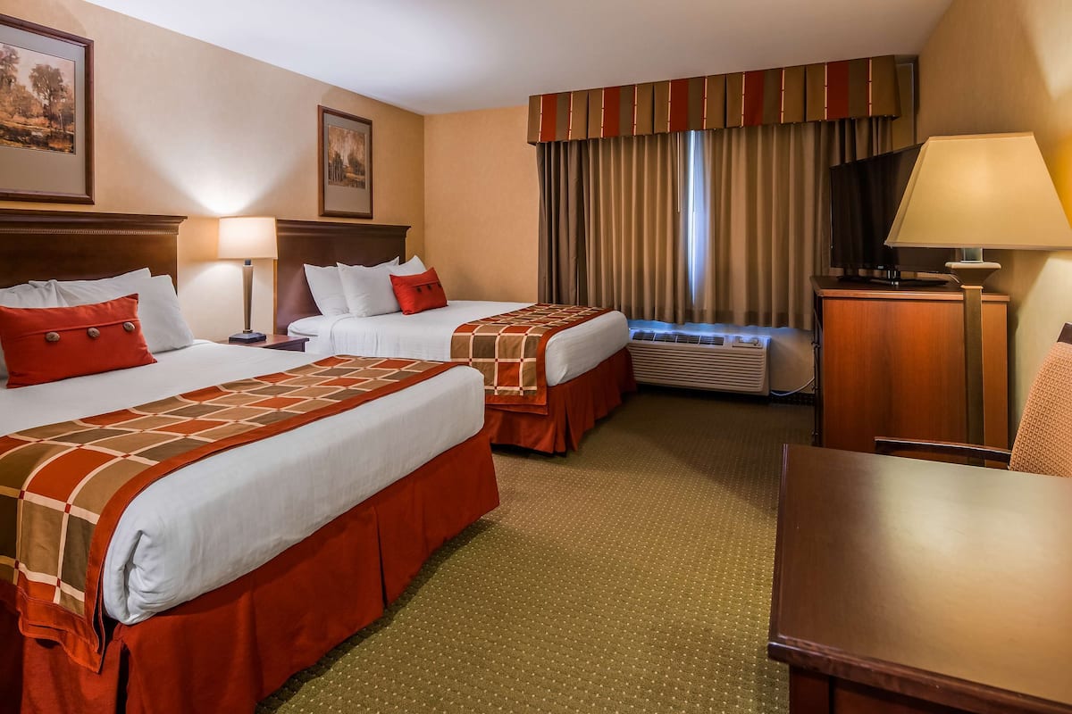 Standard Room, 2 Queen Beds, Non Smoking, Refrigerator | In-room safe, desk, laptop workspace, blackout drapes